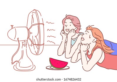 Mother with young little daughter lying down on living room floor and face to electric fan enjoying blowing cool wind together at summer. Hand drawn thin line style, vector illustrations.