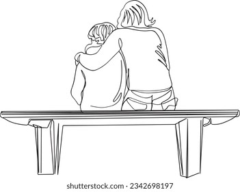 Mother and young son sitting on a park bench in a sad mood, back view one line continuous sketch drawing illustration