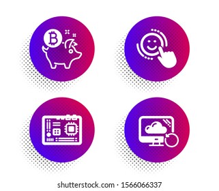 Motherboard, Bitcoin coin and Smile icons simple set. Halftone dots button. Recovery cloud sign. Computer component, Piggy bank, Positive feedback. Backup info. Technology set. Vector