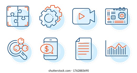 Motherboard, Chemistry lab and Video camera signs. Settings gears, File and Money diagram line icons set. Phone payment, Puzzle symbols. Technology process, Paper page. Business set. Vector