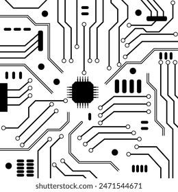 Computadora de la placa base blanco negro con procesador, cpu y hardware, tecnología de circuito, dispositivo integrado electrónico del chip