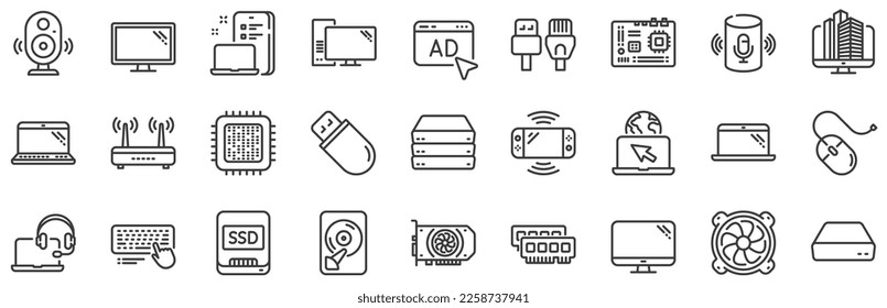 Motherboard, CPU, Internet cables icons. Computer components, Laptop, SSD line icons. Wifi router, computer monitor, Graphic card. Keyboard, SSD device. Internet cables, laptop components. Vector - Shutterstock ID 2258737941