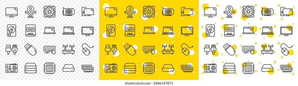 Motherboard, CPU, Internet cables icons. Computer components, Laptop, SSD line icons. Wifi router, computer monitor, Graphic card. Keyboard, SSD device. Internet cables, laptop components. Vector