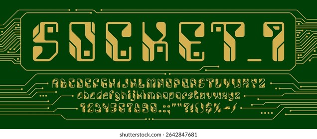 Fonte da motherboard, tipo da placa do circuito, tipo da tecnologia psb, alfabeto eletrônico do computador. Letras abc futuristas, números e símbolos, tipo cibernético, alta tecnologia, caracteres digitais e inovadores