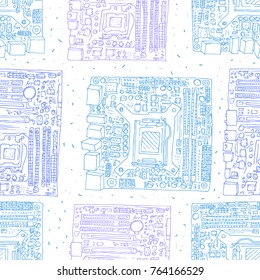 Motherboard hand drawn seamless pattern. Electronic component of desktop computer