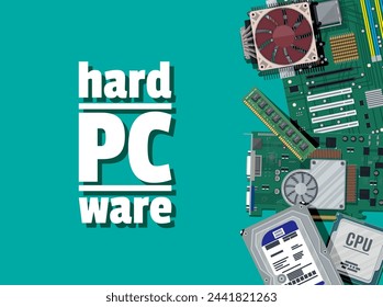 Placa base, disco duro, cpu, ventilador, tarjeta gráfica, memoria. Conjunto de hardware de ordenador personal. Iconos de componentes de PC. Ilustración vectorial en estilo plano