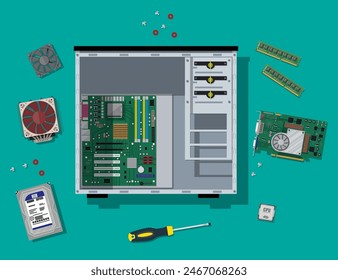 Motherboard, hard drive, cpu, fan, graphic card, memory, screwdriver and case. Assembling PC. Personal computer hardware. Vector illustration in flat style