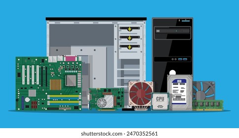 Motherboard, hard drive, cpu, fan, graphic card, memory, screwdriver and case. Set of personal computer hardware. PC components icons. Vector illustration in flat style