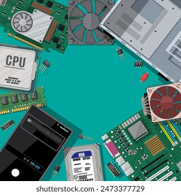 Placa base, disco duro, cpu, ventilador, tarjeta gráfica, memoria, destornillador y caja. Conjunto de hardware de ordenador personal. Iconos de componentes de PC. Ilustración vectorial en estilo plano