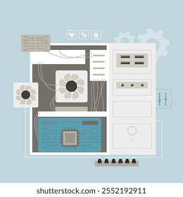 Motherboard, hard drive, cpu, fan, graphic card, memory and case. Assembling PC. Hardware parts. Personal computer hardware. flat vector illustration