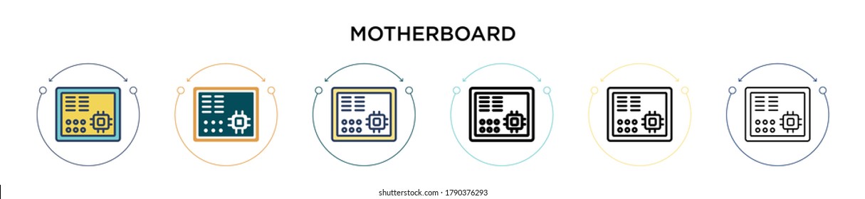 Motherboard icon in filled, thin line, outline and stroke style. Vector illustration of two colored and black motherboard vector icons designs can be used for mobile, ui, web