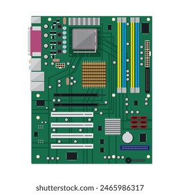 Placa madre aislada en blanco. Hardware de PC. Componentes para ordenador personal. Icono PCB. Ilustración vectorial en estilo plano