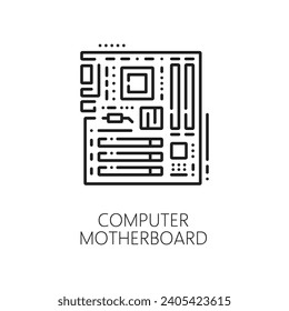 Motherboard line icon for computer PC mainboard hardware, vector outline symbol. PC or laptop motherboard or system board linear pictogram for computer hardware installation instructions or repair