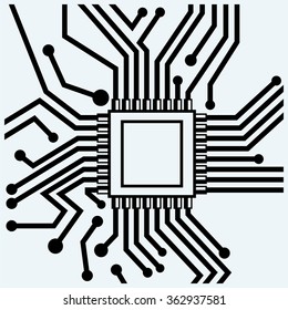 Motherboard with microchip. CPU. Isolated on blue background. Vector silhouettes