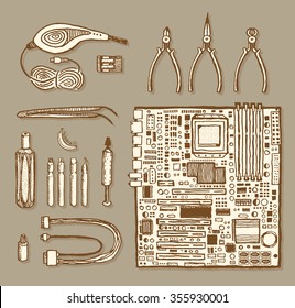 Motherboard and related items. Vintage style, hand drawn pen ink. Vector clip art set for flyer, business card of electronics shop or computer repair service center. Retro design element