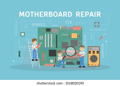 Motherboard Repair Service Concept Illustration. Repairing Of Broken Electronics.