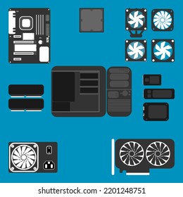 Motherboard, SSD , CPU, fan, graphics card, memory, RAM and case personal computer hardware set pc component icon vector illustration in flat design.