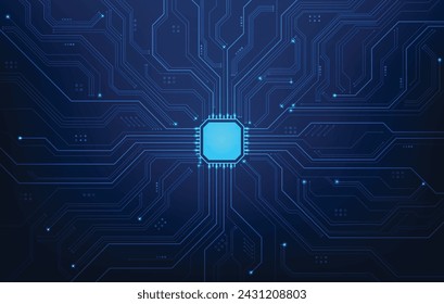 Hauptplatinentechnologie-Schaltkreiscomputer auf blauem Hintergrund. CPU-Chip-elektronisches Prozessormuster. Vektor-Illustration fantastisches Design