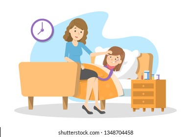 Mothercare For A Sick Child With Fever. Ill Kid Lying In The Bed Under Blanket. Girl Suffer From Flu Or Cold. Isolated Vector Illustration In Cartoon Style