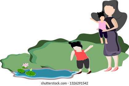 Mother-child walks in the garden, ponds, outdoor holiday activities, family relationships, simple flat vector images