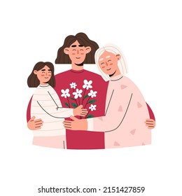 Mère, fille et petite-fille. Une femme heureuse embrasse sa mère et sa fille. Souriant trois générations de femmes. Joyeuse fête des mères. Illustration vectorielle à plat isolée sur fond blanc