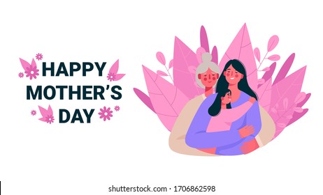 Mother,daughter and granddaughter. Senior mother hug her adult daughter with love. Mother holding daughter in arms. Smiling three generations of women. Happy mothers day card. Vector illustration