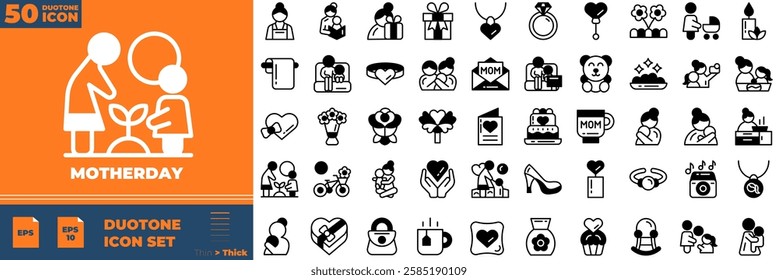 Motherday Duotone Editable Icons set. Vector illustration in modern thin duotone style of motherday icons: mother, heart, mom, etc