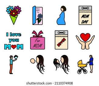 Motherday Icon Set. Editable Bold Outline With Color Fill Design. Vector Illustration.