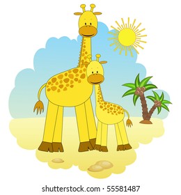Mother-giraffe and baby-giraffe. Vector illustration.