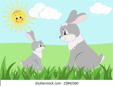 Mother-hare and small hare. Cartoon, vector illustration