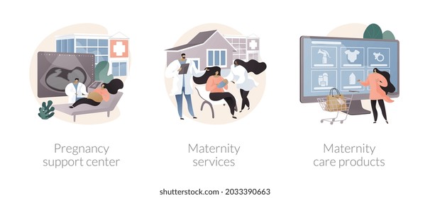 Motherhood abstract concept vector illustration set. Pregnancy support center, maternity services and care products, family planning, perinatal healthcare, natural cosmetics abstract metaphor.