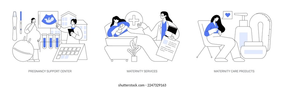 Conjunto de ilustraciones vectoriales de concepto abstracto de maternidad. Centro de apoyo al embarazo, servicios de maternidad y productos de cuidado, planificación familiar, atención de salud perinatal, metáfora abstracta de cosméticos naturales.