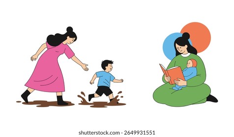 Motherhood activities family bonding moments parent child interaction childhood joy outdoor play indoor reading togetherness nurturing love family life happy moments precious time cherishing memories