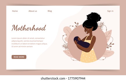 Motherhood. African woman holds a child. Landind page template. Modern flat style vector illustration isolated on soft background.