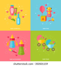 Motherhood and baby accessories icons concept. Flat style vector illustration. Baby toys, pram, baby cosmetics, mother's love.