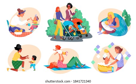 Motherhood, baby care women and kids set of moms and children characters, vector illustrations. Multiracial mothers with newborn, toddler feeding, walking, washing and having fun. Happy maternity.