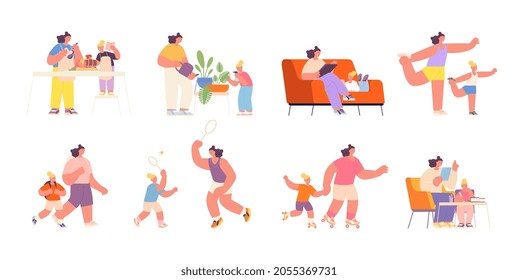 Motherhood. Baby mother, parent cook with daughter. Happy woman play with child, family doing sport, reading, cooking and walking, utter vector set