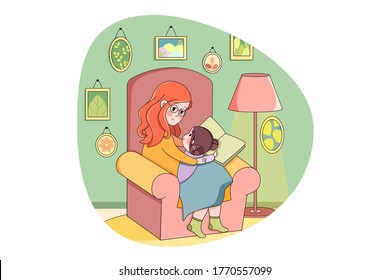 Motherhood, childhood, care, family, education, study concept. Young woman mother and child kid daughter sitting in armchair and reading book together. Family education or home schooling mothers day.