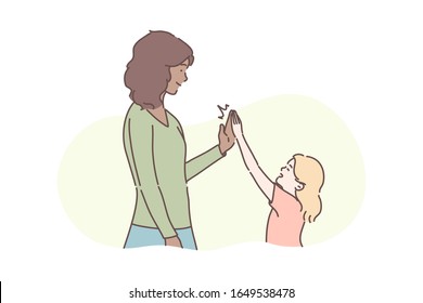 Motherhood, childhood, congratulation concept. Illustration of international family. Friendship between mother and daughter in cartoon style. Young woman or girl congratulates her child for success.