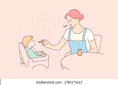 Motherhood, Childhood, Food, Family Concept. Young Woman Mom Cartoon Character Feeding Child Kid Son Baby With Special Childish Nutrition. Breakfast Dinner Lunch Or Supper And Mothers Day Illustration