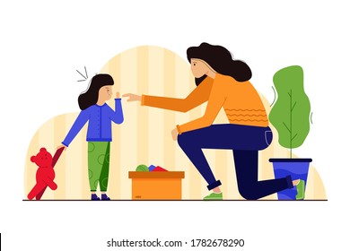 Motherhood, childhood, health, care, trauma, treatment concept. Young worried woman mom character helping treating child kid injured crying daughter spraying cure antiseptic. Mothers day illustration.