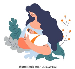 Motherhood and childhood, isolated mother taking care of a newborn kid. Mommy and child on hands, rocking infant or cuddling. Tenderness and love towards daughter or son. Vector in flat style