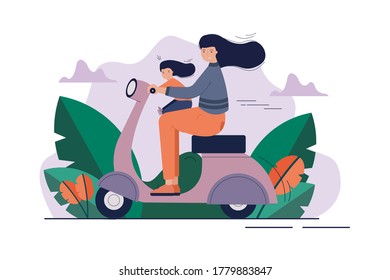 Motherhood, childhood, motorcycling, activity concept. Young woman mom and happy kid child daughter riding bike or scooter togehter. Family active lifestyle recreation or mothers day illustration.