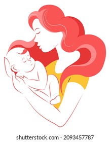 Maternidad y niñez, paternidad y cuidado del recién nacido. Mamá aislada con bebé en las manos, amor y devoción hacia el niño. Infante con mujer, felicidad y maternidad. Vector de estilo plano