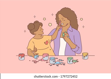 Motherhood, childhood, play, fun concept. Young african american woman mom smearing color paints with child kid daughter together at drawing school home. Mothers day or funny recreation illustration