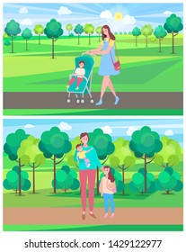 Motherhood and childhood vector, kids with mom spending weekends together, woman holding son toddler. Child sitting in perambulator, park fine weather