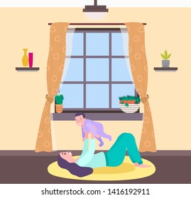 Motherhood and childhood vector, woman at home playing with child flat style. Interior of room, windows and curtains, vase and houseplant flora in pot