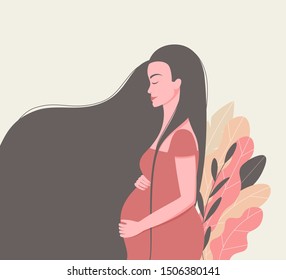 Motherhood concept. Beautiful pregnant woman in colorful leaves. Female waiting for a child for babycare site, birthing center, maternity home, doula. Happy expectant mother. Trendy flat style. Vector