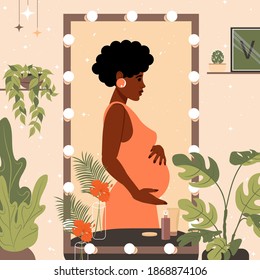 Motherhood concept. Black African American pregnant woman looking in the mirror at home. Vector flat illustration in boho style