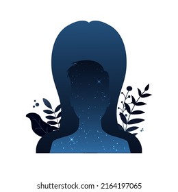 Motherhood Concept. Boy In Female Head Silhouette. Abstract People, Universe Of Family. Strong Woman Metaphor, Love And Save Children Vector Symbol